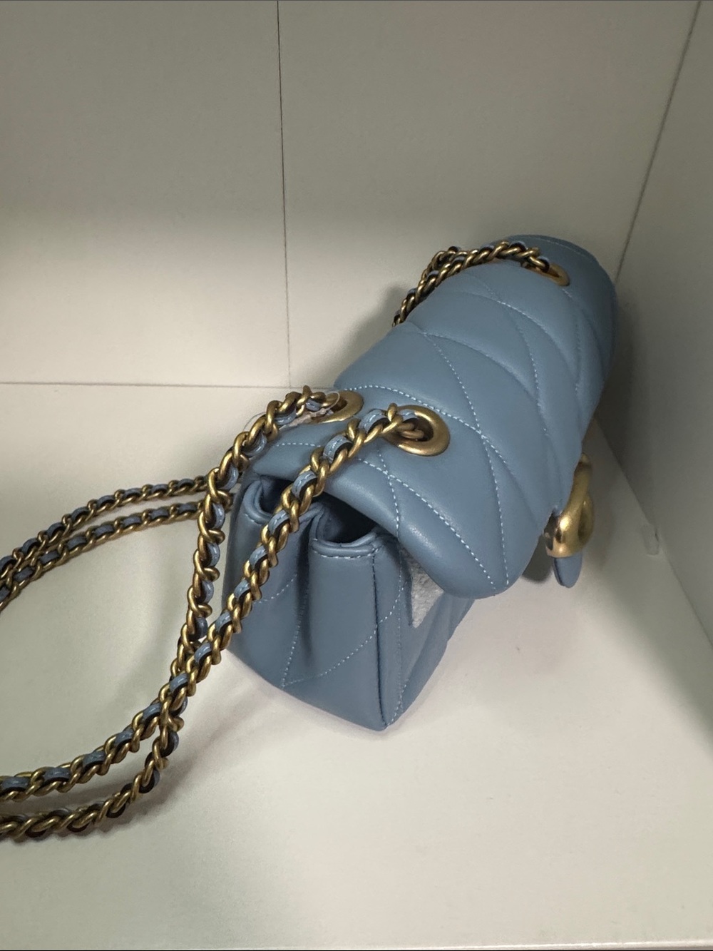 Coach Quilted Pale Blue Leather Shoulder Bag with Gold Hardware - Picture 10 of 13